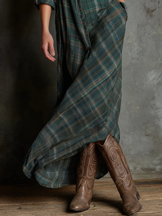 Green Checked Shirt Dress with Lapels, Solid Long Dress