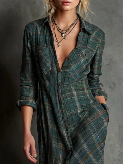 Green Checked Shirt Dress with Lapels, Solid Long Dress