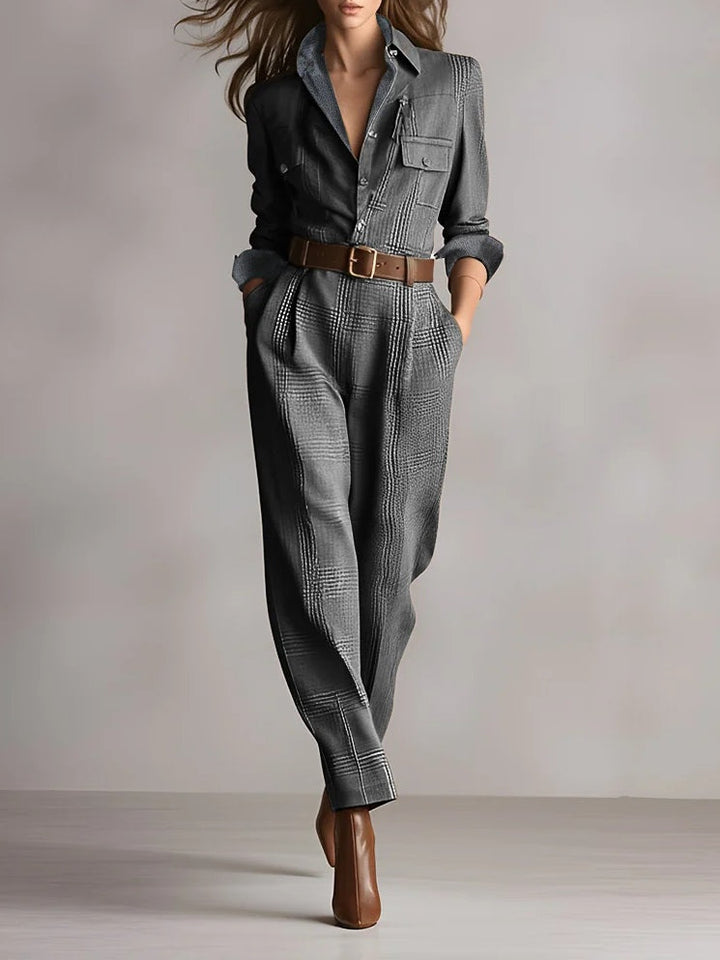 Brown Elegant Tweed Jumpsuit with Check Pattern