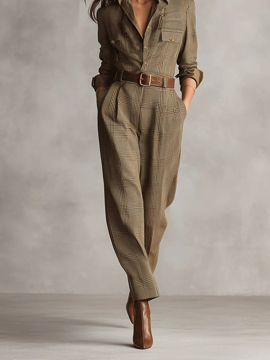 Brown Elegant Tweed Jumpsuit with Check Pattern