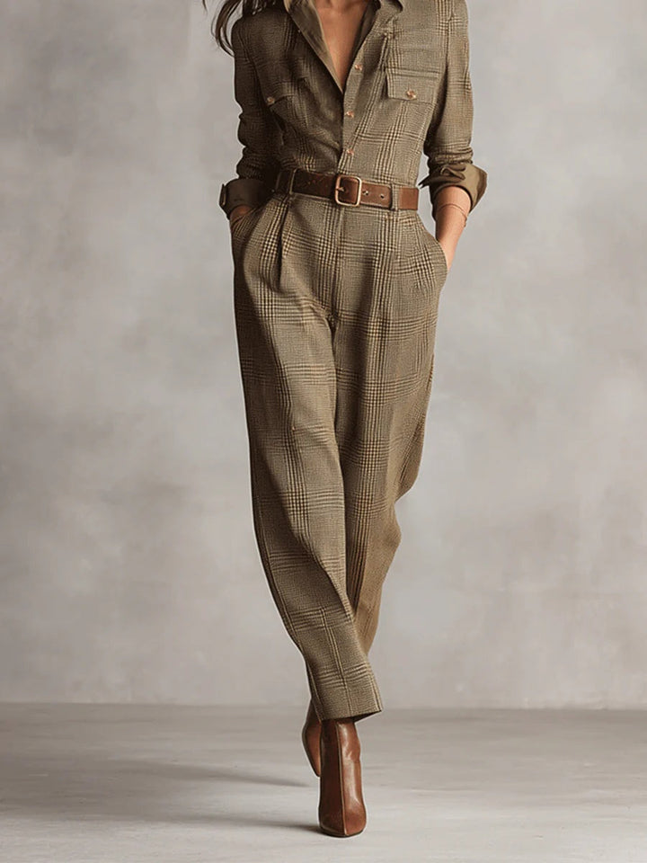 Brown Elegant Tweed Jumpsuit with Check Pattern