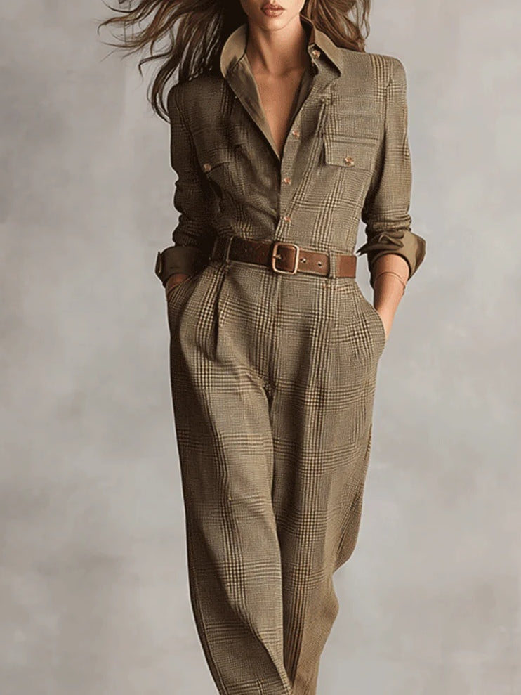 Brown Elegant Tweed Jumpsuit with Check Pattern