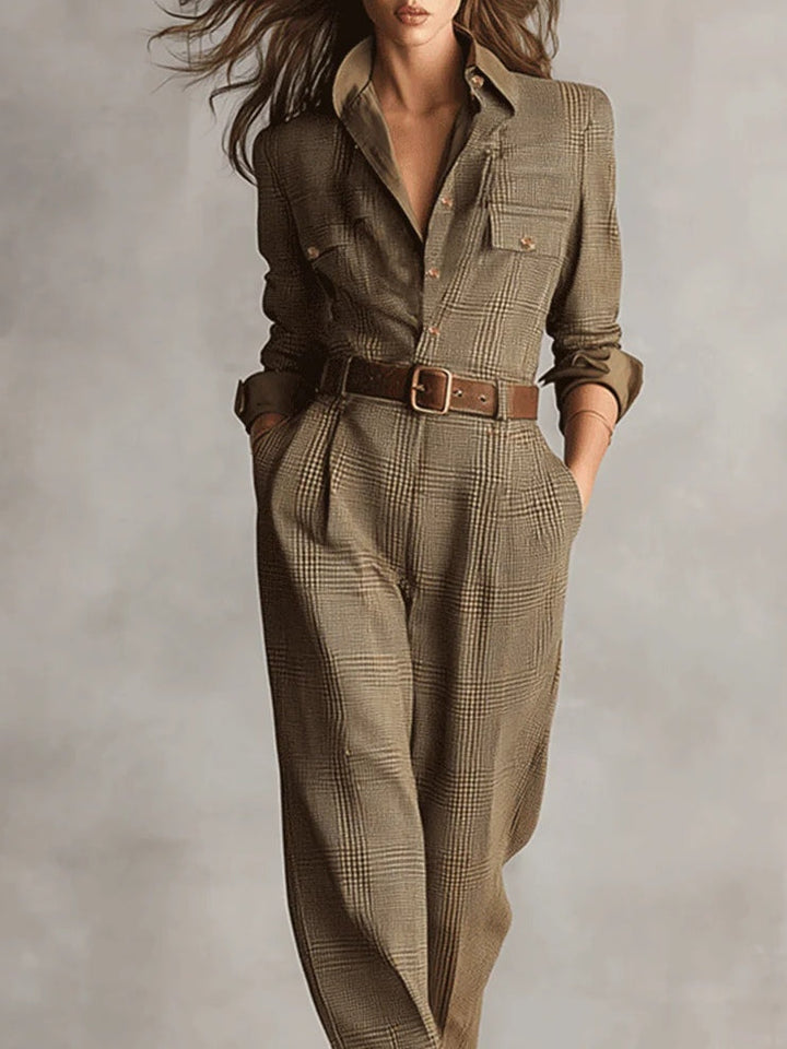 Brown Elegant Tweed Jumpsuit with Check Pattern