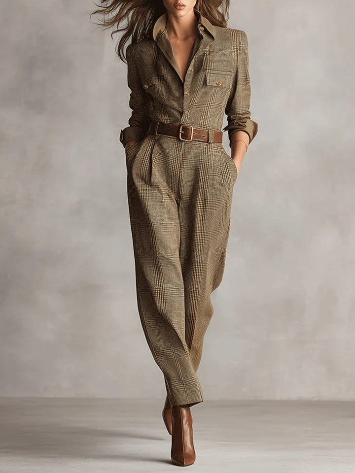 Brown Elegant Tweed Jumpsuit with Check Pattern