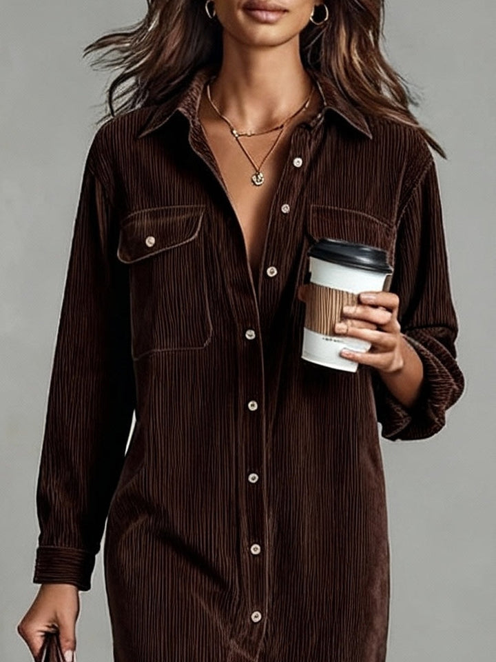 Loose midi dress made of corduroy with double breast pockets and buttons