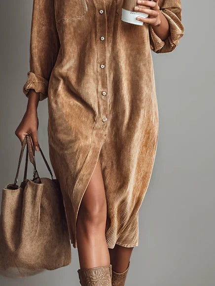 Loose midi dress made of corduroy with double breast pockets and buttons