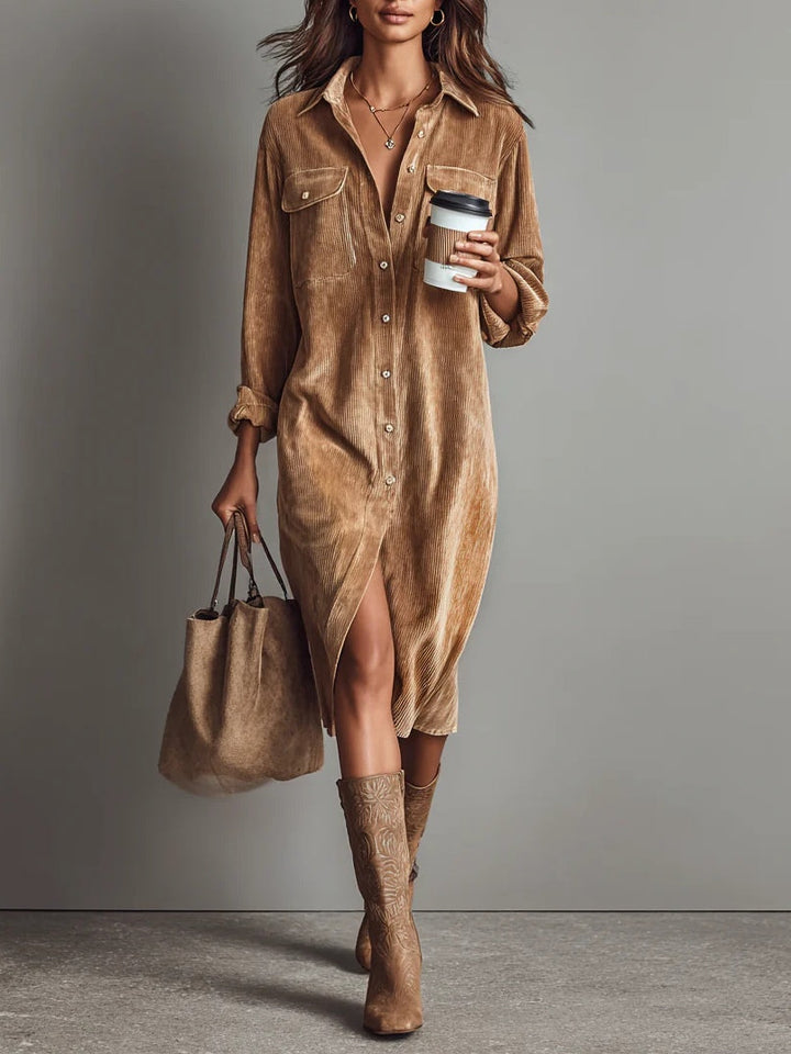 Loose midi dress made of corduroy with double breast pockets and buttons