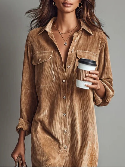 Loose midi dress made of corduroy with double breast pockets and buttons