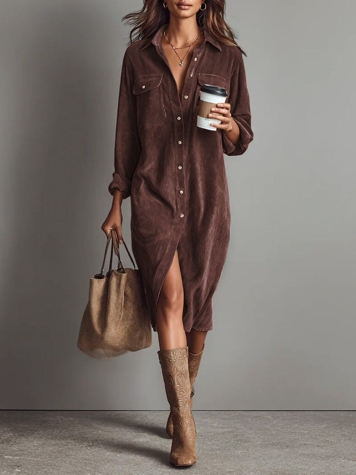 Loose midi dress made of corduroy with double breast pockets and buttons