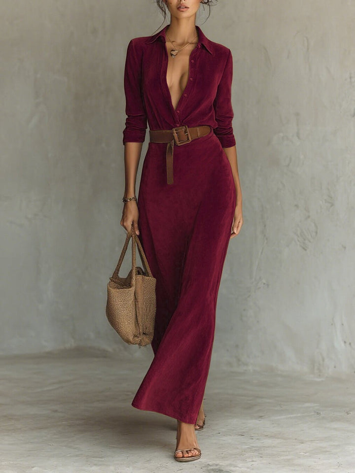 Soft suede maxi dress with single closure and collar