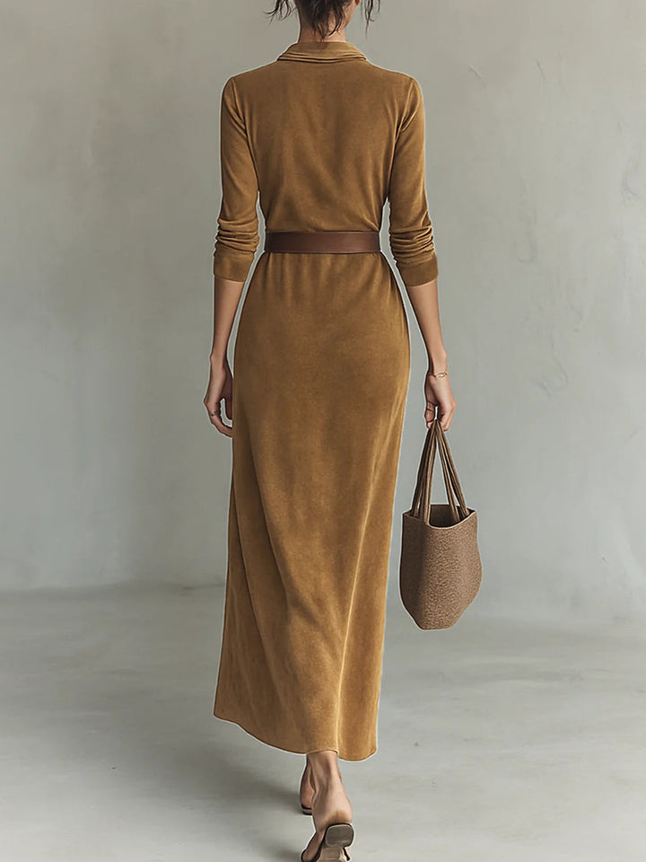 Soft suede maxi dress with single closure and collar