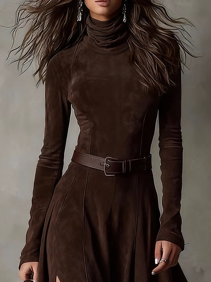 Dark brown maxi dress made of faux suede with a high neck, long sleeves, and a slit (including belt)