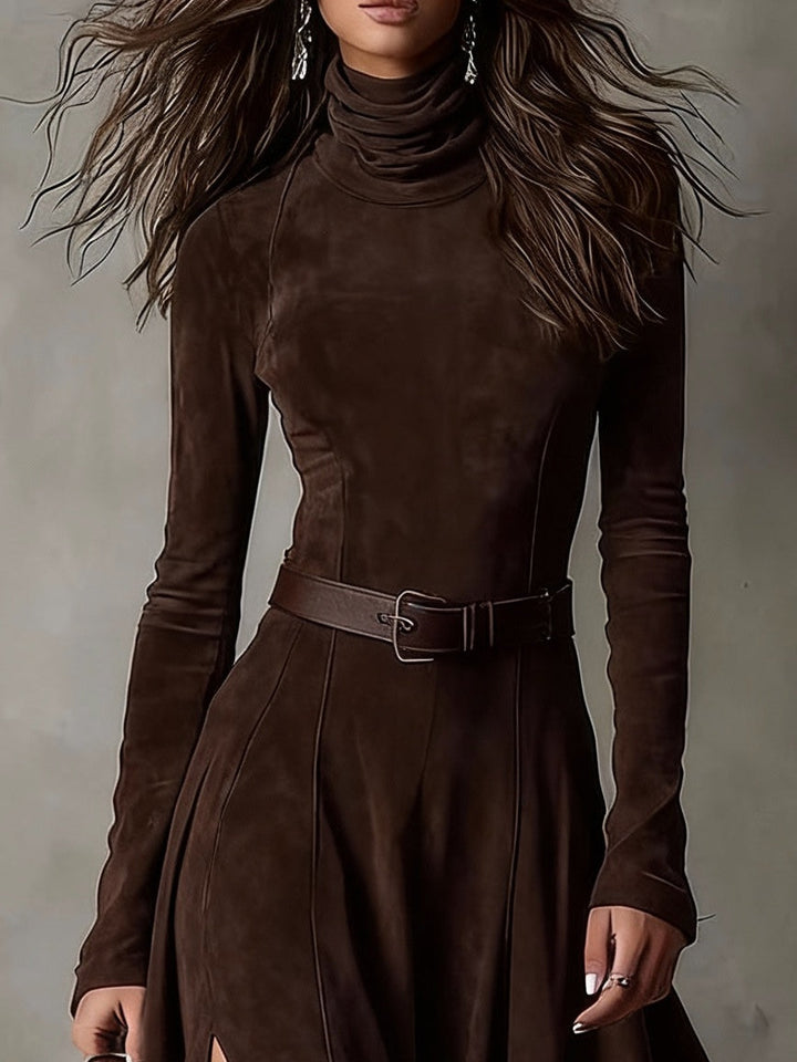 Dark brown maxi dress made of faux suede with a high neck, long sleeves, and a slit (including belt)