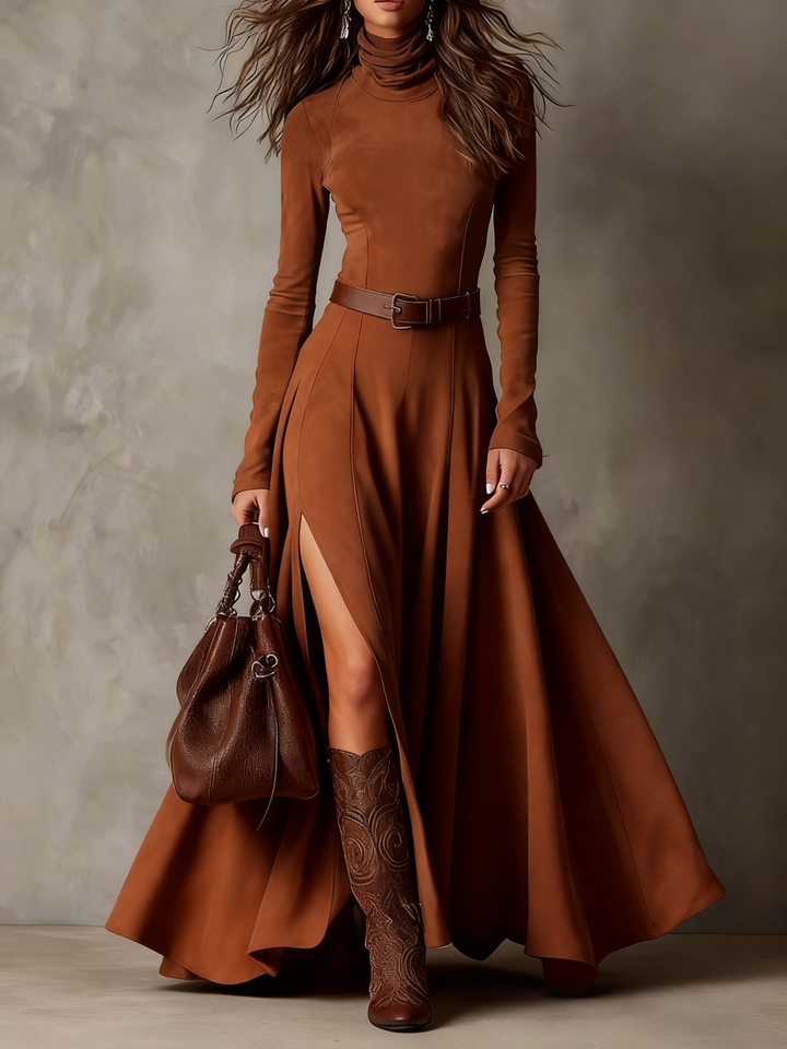 Dark brown maxi dress made of faux suede with a high neck, long sleeves, and a slit (including belt)