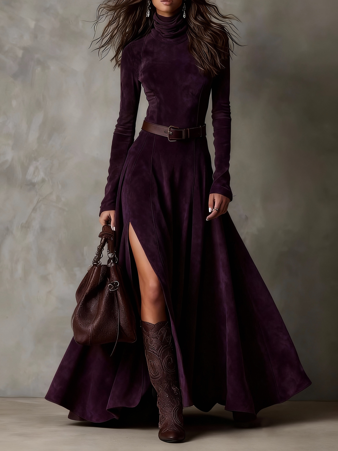 Dark brown maxi dress made of faux suede with a high neck, long sleeves, and a slit (including belt)