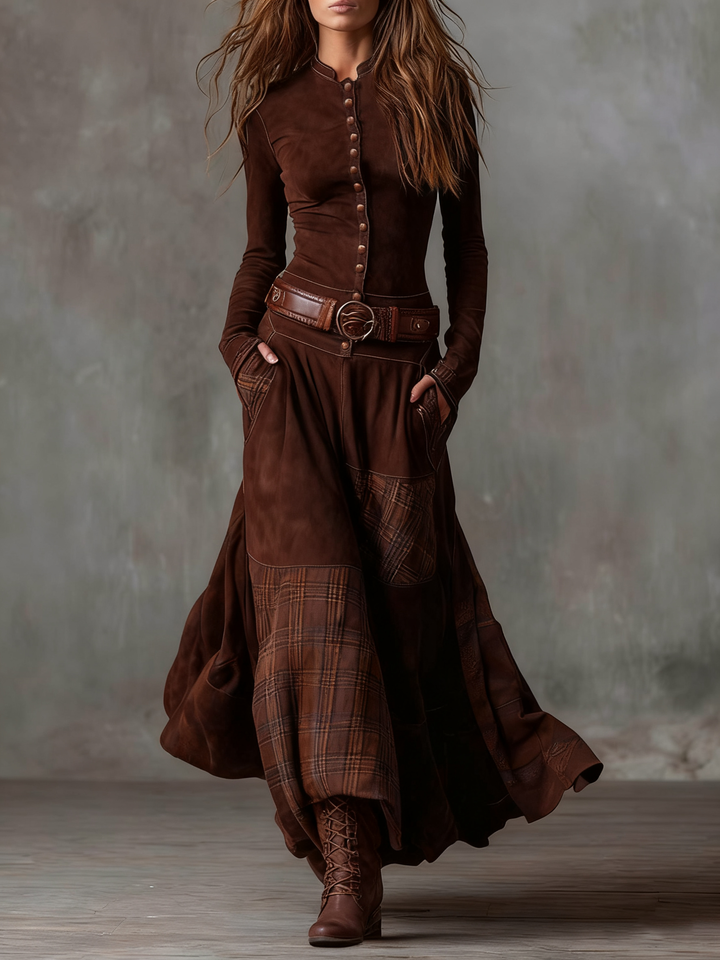 Vintage maxi dress with check pattern in dark blue (with belt)