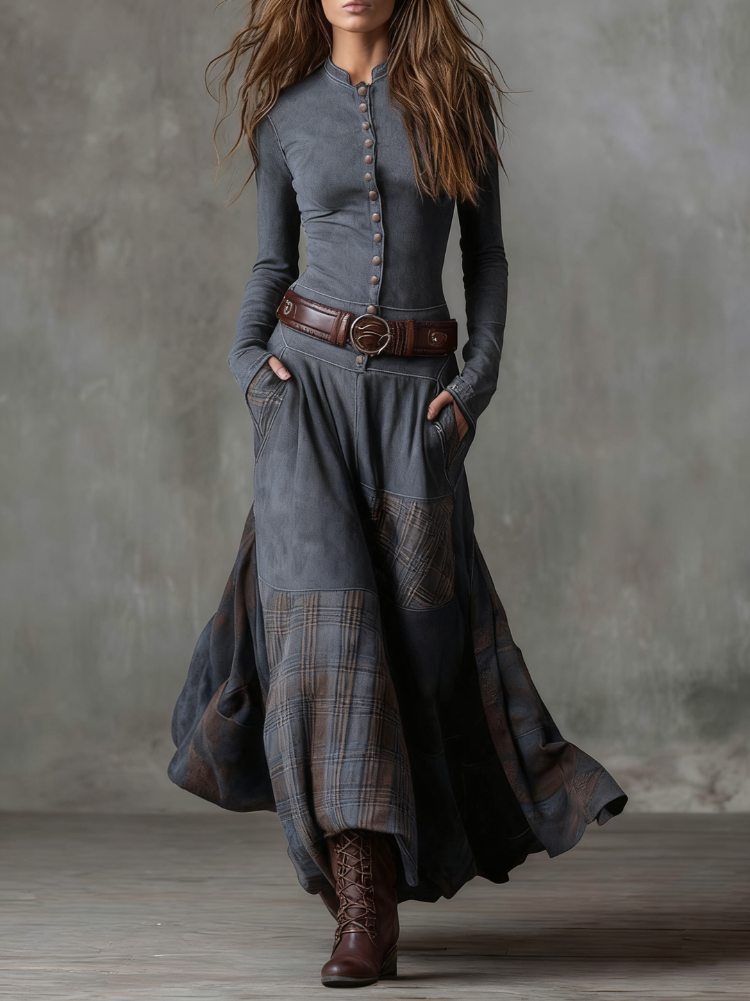 Vintage maxi dress with check pattern in dark blue (with belt)