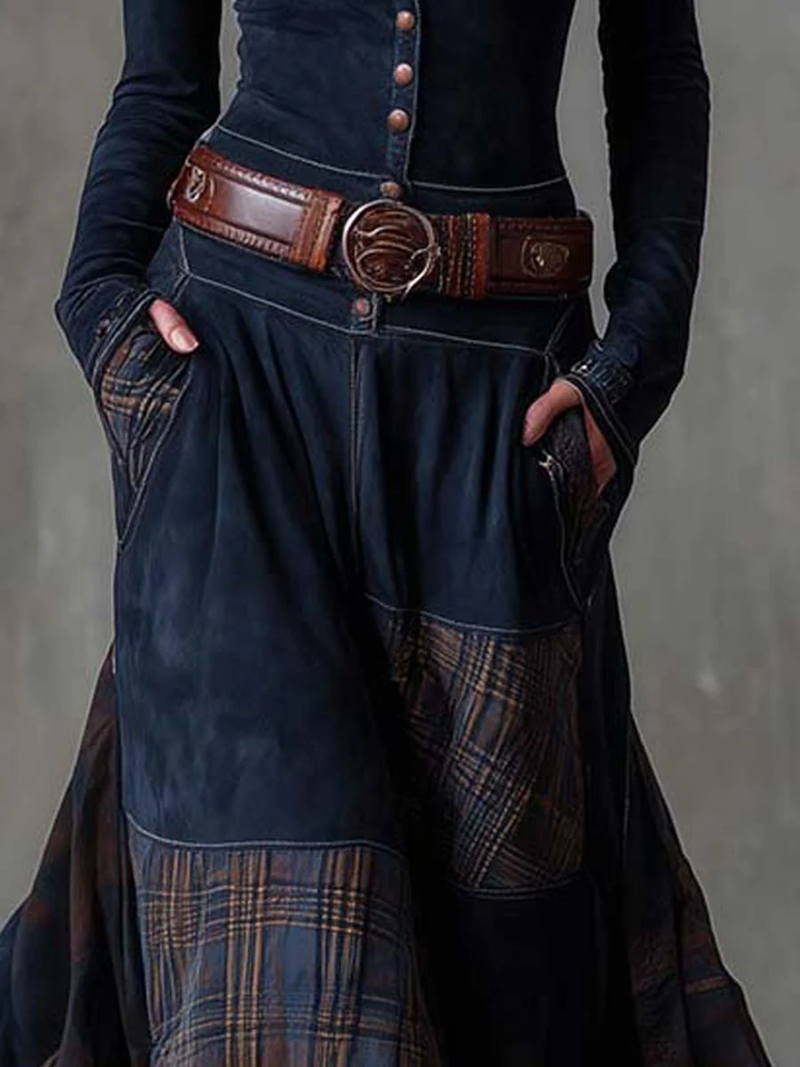 Helena | Dark Blue Suede Maxi Dress with Belt