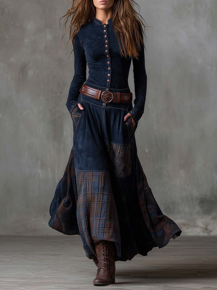 Helena | Dark Blue Suede Maxi Dress with Belt