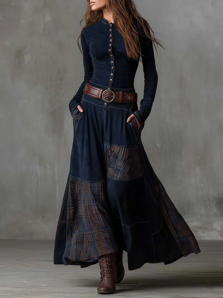 Helena | Dark Blue Suede Maxi Dress with Belt