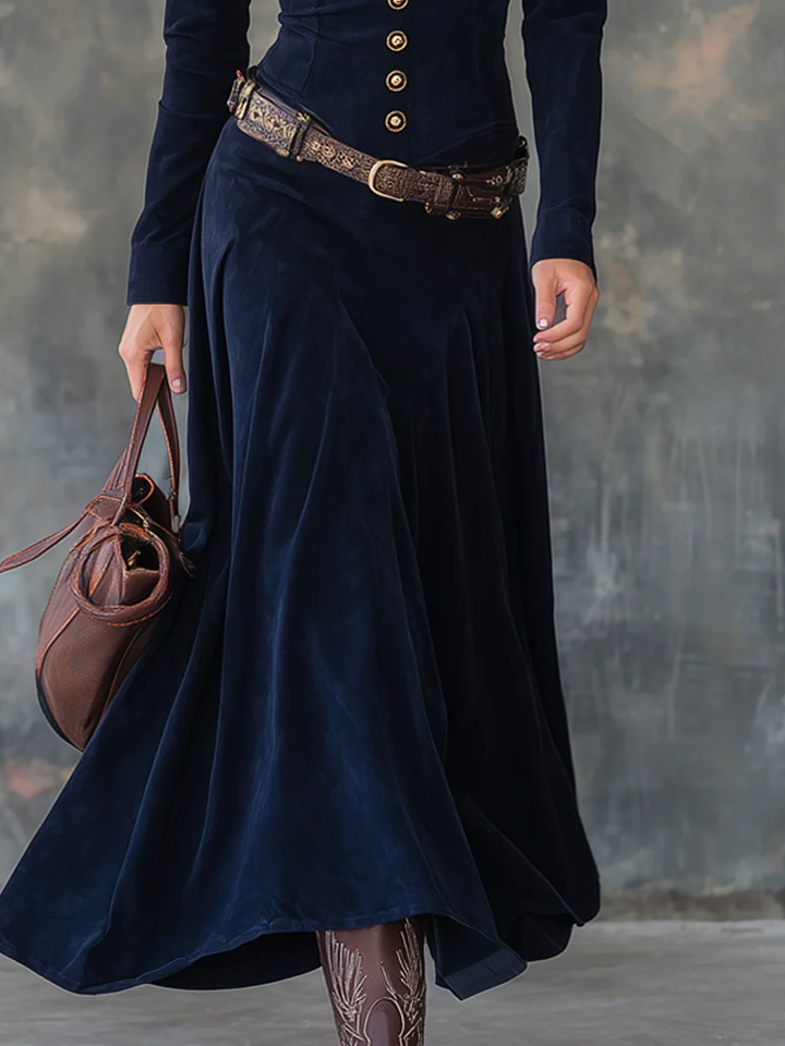Vintage Maxi Dress with Suede Polyester Pockets (With Belt)