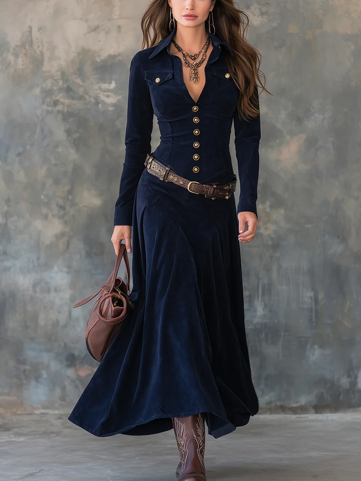 Vintage Maxi Dress with Suede Polyester Pockets (With Belt)