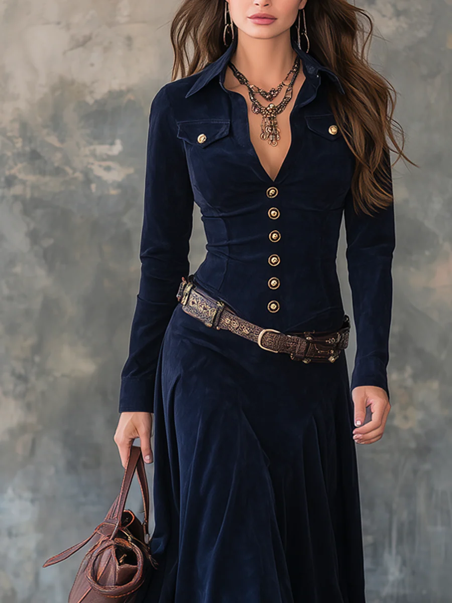Vintage Maxi Dress with Suede Polyester Pockets (With Belt)