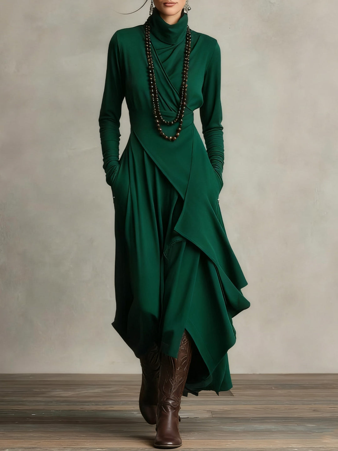 Purple Maxi Dress with Asymmetrical Ruffles and High Collar (Necklace not included)