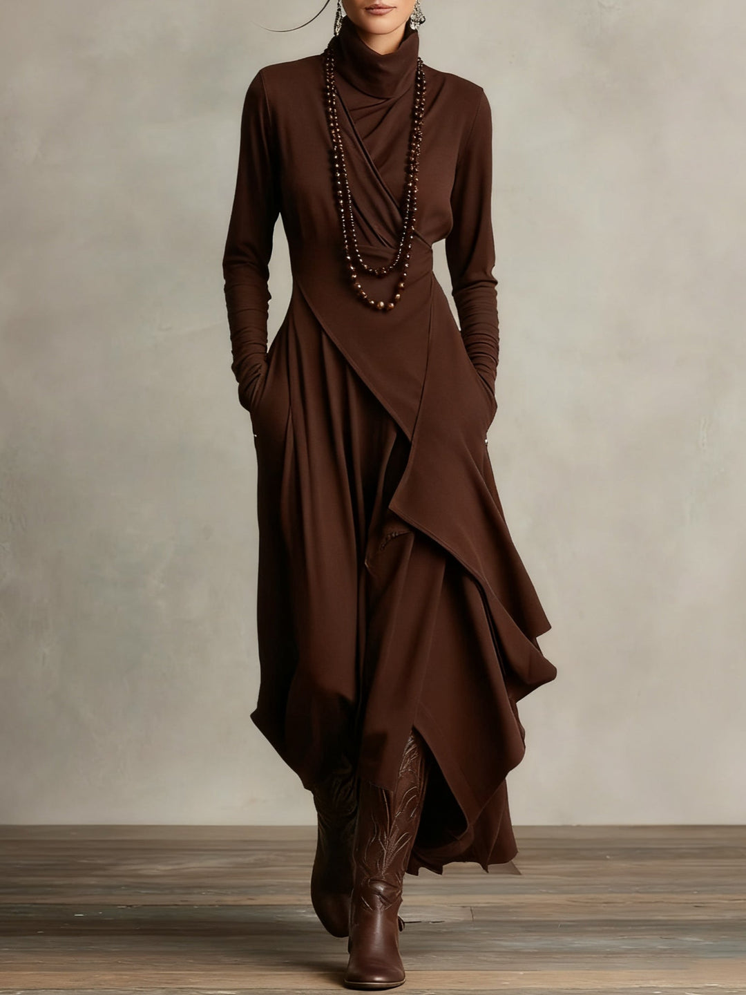Purple Maxi Dress with Asymmetrical Ruffles and High Collar (Necklace not included)