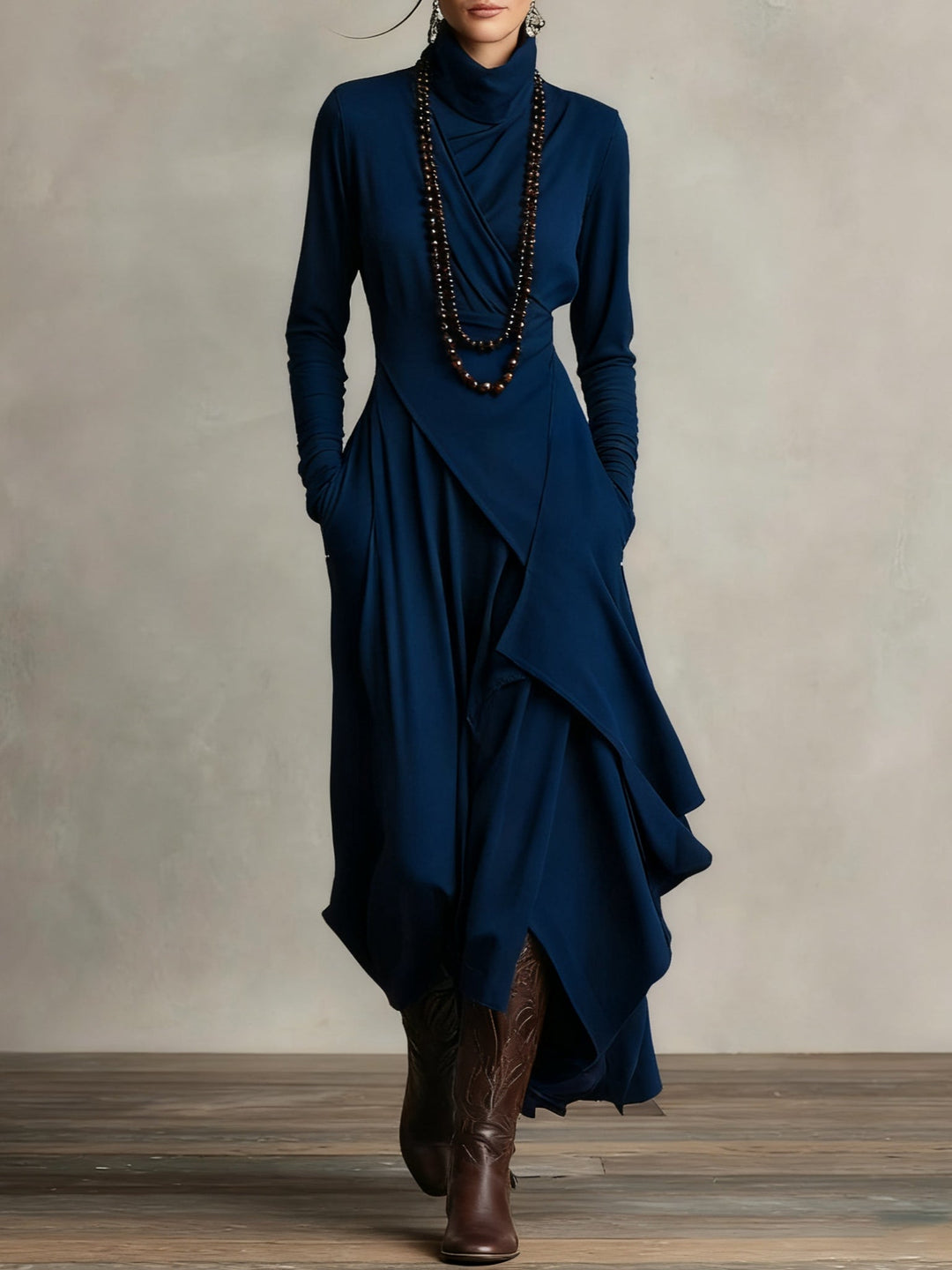 Purple Maxi Dress with Asymmetrical Ruffles and High Collar (Necklace not included)