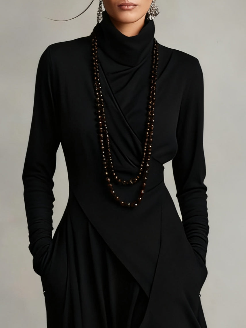 Purple Maxi Dress with Asymmetrical Ruffles and High Collar (Necklace not included)
