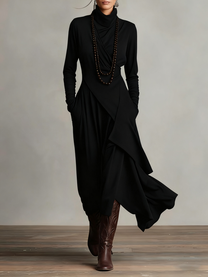 Purple Maxi Dress with Asymmetrical Ruffles and High Collar (Necklace not included)