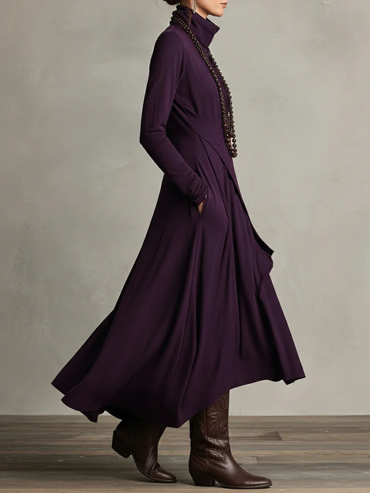 Purple Maxi Dress with Asymmetrical Ruffles and High Collar (Necklace not included)