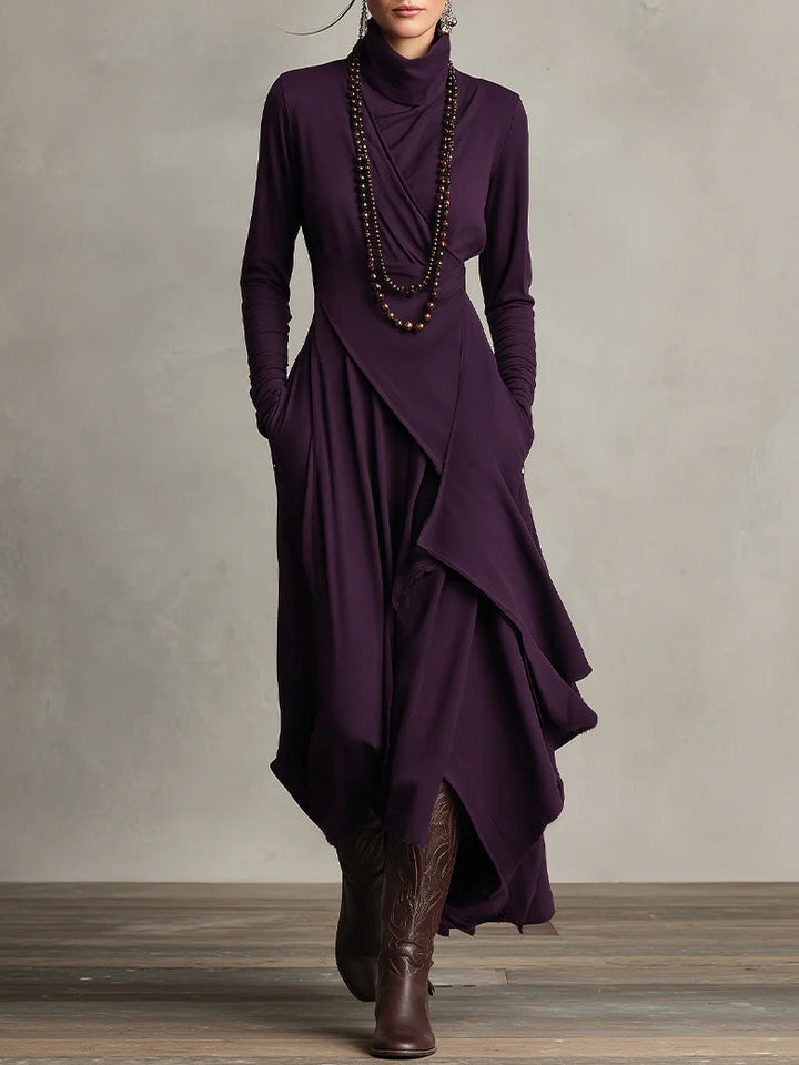 Purple Maxi Dress with Asymmetrical Ruffles and High Collar (Necklace not included)