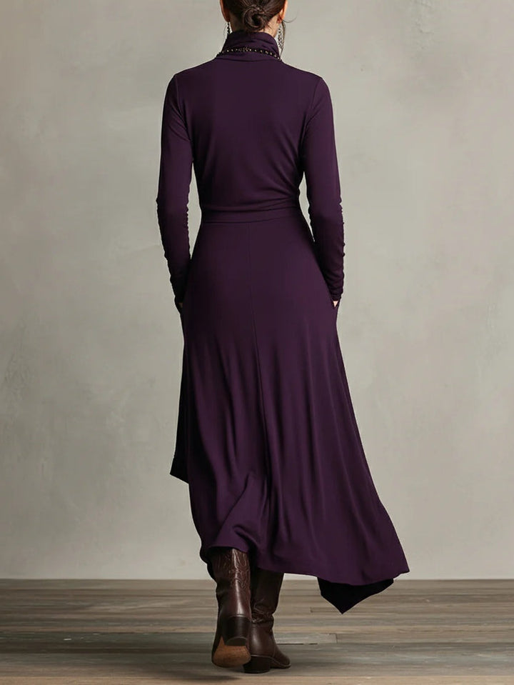 Purple Maxi Dress with Asymmetrical Ruffles and High Collar (Necklace not included)