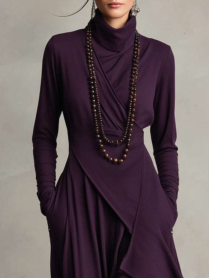 Purple Maxi Dress with Asymmetrical Ruffles and High Collar (Necklace not included)