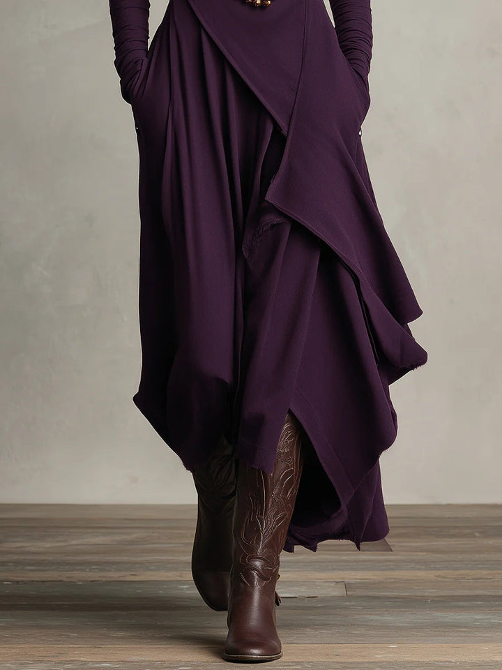Purple Maxi Dress with Asymmetrical Ruffles and High Collar (Necklace not included)