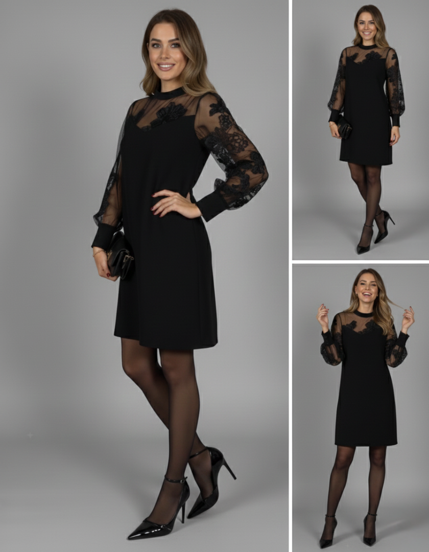 Everly | Elegant Black Dress with Tulle Sleeves