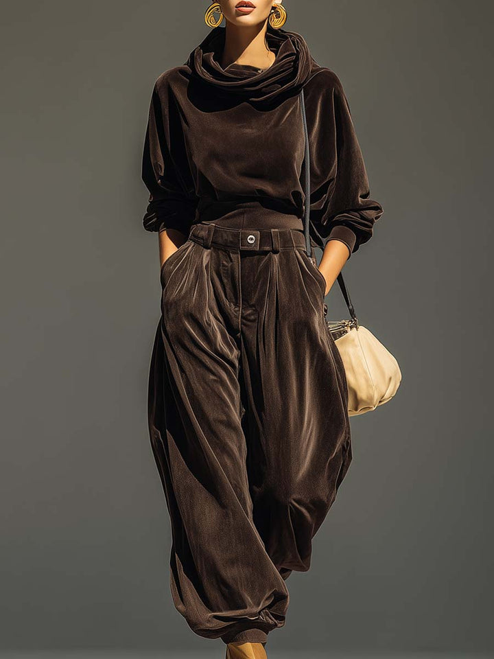 Vintage brown velvet hoodie and loose pants (with belt)