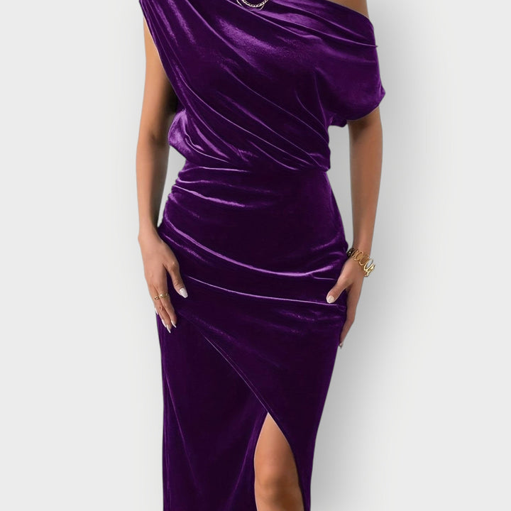 Greece – Off-Shoulder Draped Velvet Midi Dress