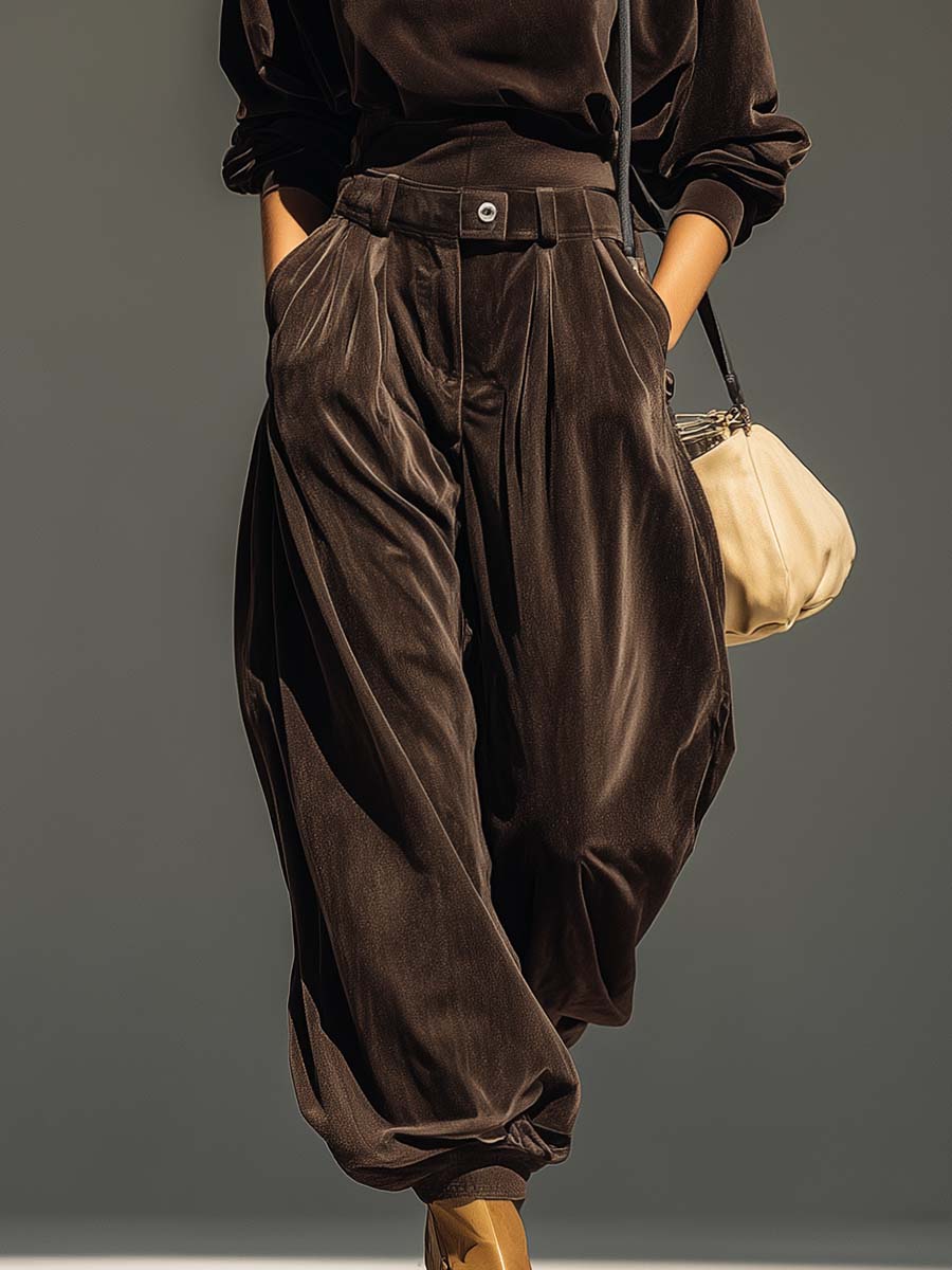 Vintage brown velvet hoodie and loose pants (with belt)