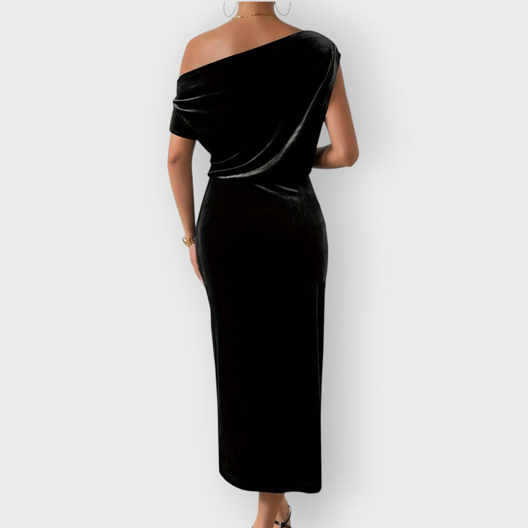 Greece – Off-Shoulder Draped Velvet Midi Dress