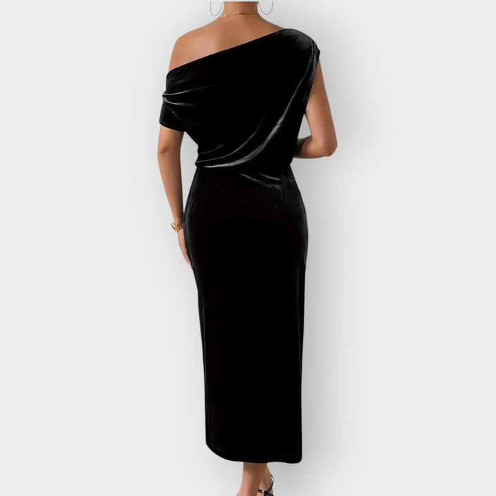 Greece – Off-Shoulder Draped Velvet Midi Dress