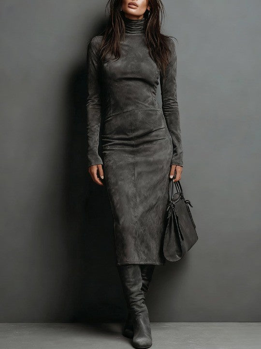 Midi dress with long sleeves and high collar made of suede