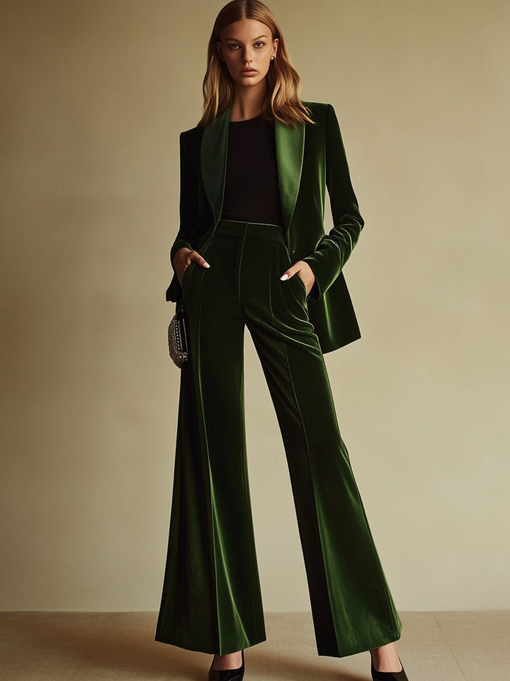 High-Quality Loose Retro Green Velvet Suit