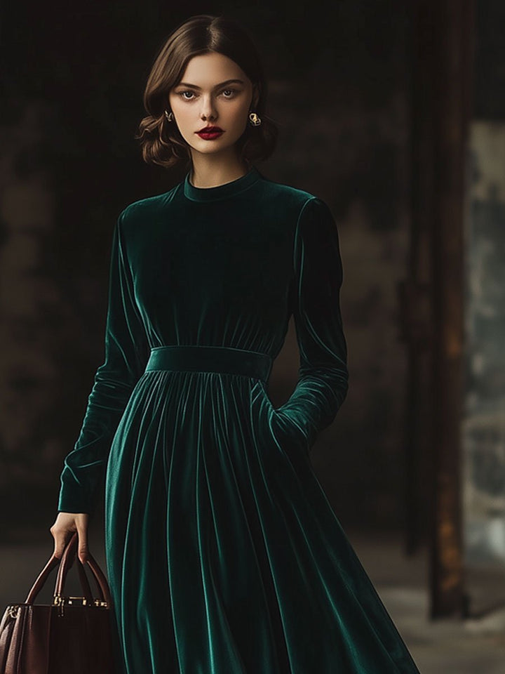 【24-hour shipping out】Stand Collar Loose Party Pocket Solid Velvet Long Sleeve Maxi Dress