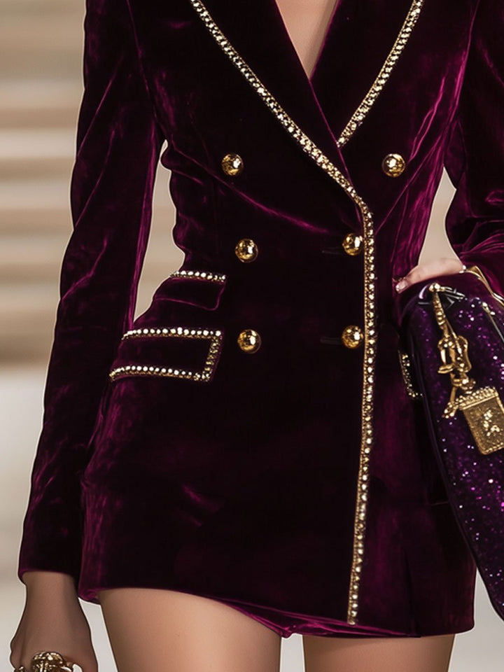 【24-hour shipping out】Casual Vintage Burgundy Velvet Gold Trim Double Breasted Suit Mini Dress