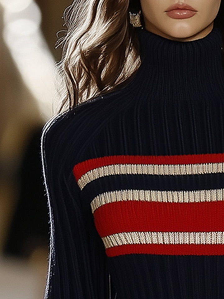 Retro French Elegant Fashion High Collar Red and White Striped Dress